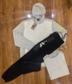 Patchwork jacket with short sleeves + dark blue long pants three-piece set