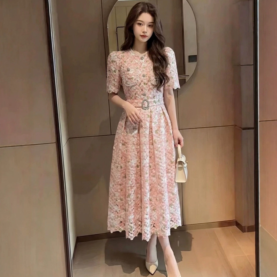 Pink Lace Hollow Out Short Sleeve Dress High Waist A Line Silhouette Elegant Summer Office Wear Wholesale Available