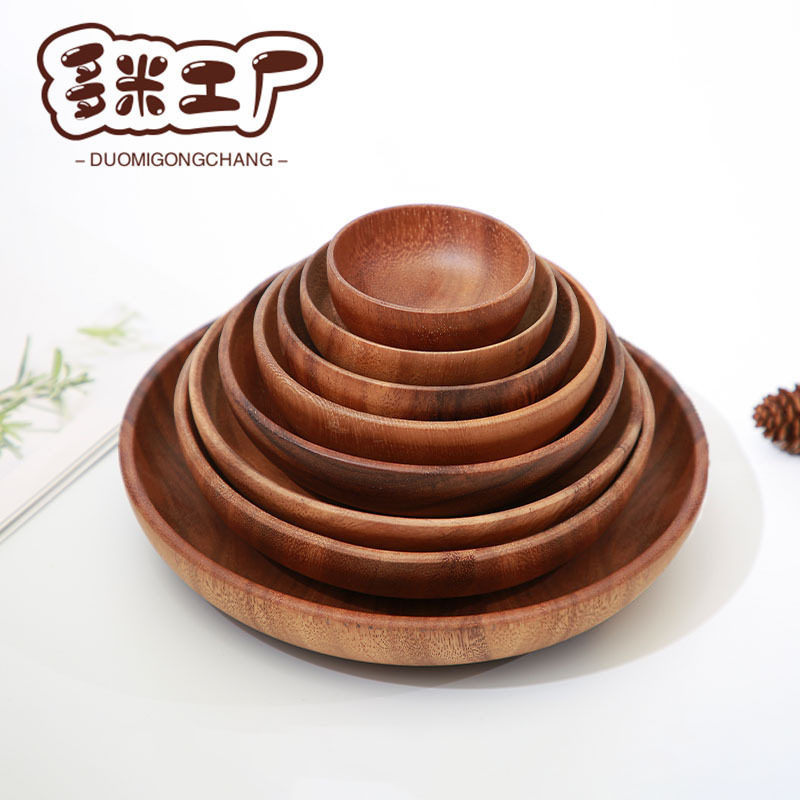 Japanese-style solid wood round plate creative fruit plate acacia wood household plate multi-specification melon and fruit dessert wooden plate carving
