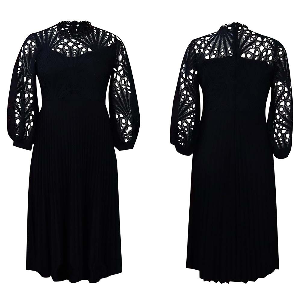 Plus Size Womens Lace Panel Pleated Hollow Out Dress Elegant Design Summer Style African Fashion Wholesale Available