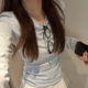 Light Blue Curled Long-Sleeved T-Shirt for Women 2025 Spring New Sun Protection Blouse Korean Summer Thin Bottoming Top