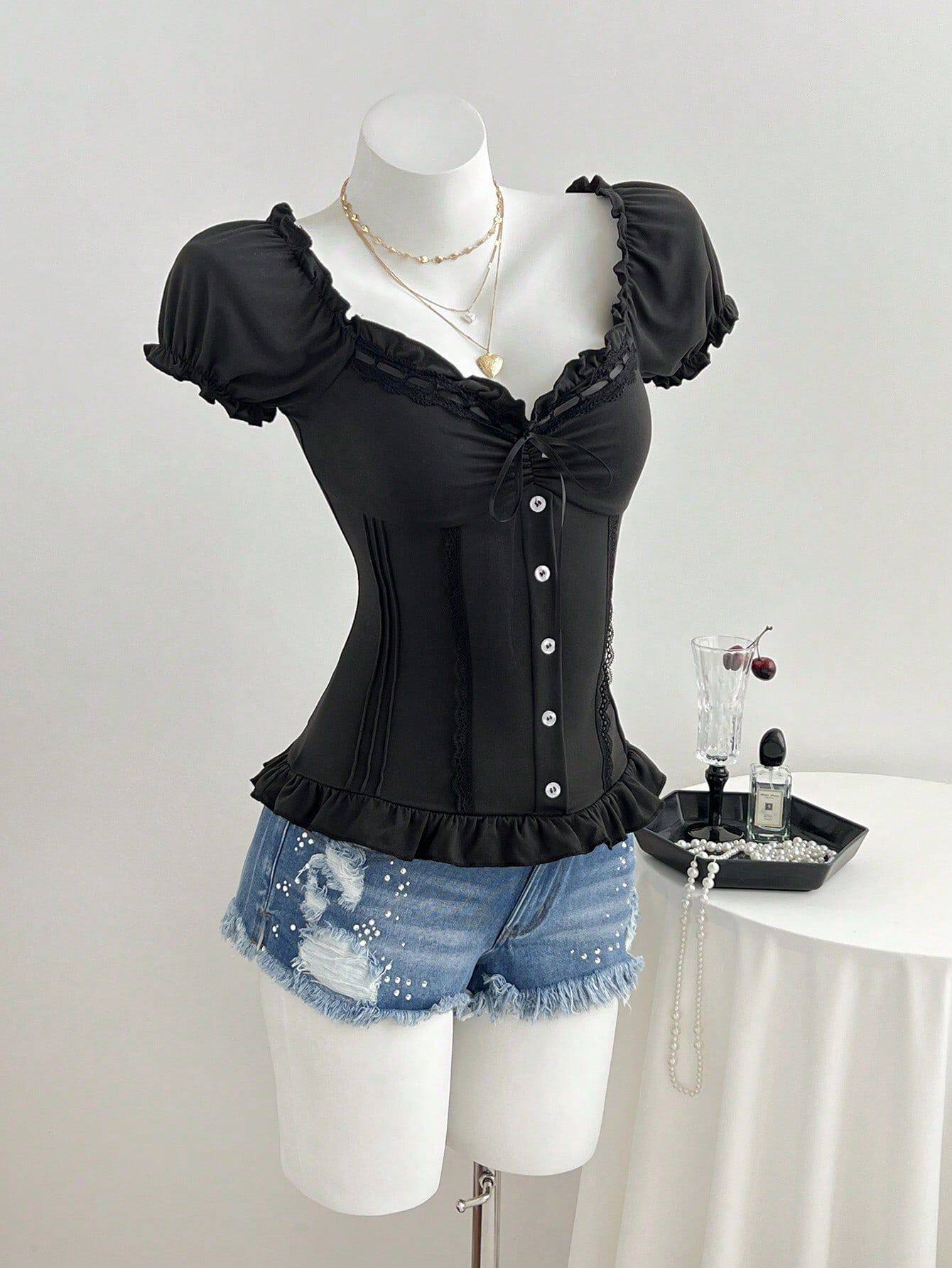 Summer Womens T Shirt Sweet Style Puff Sleeves Bow Tie Design Casual Wear Ready to Ship OEM ODM service