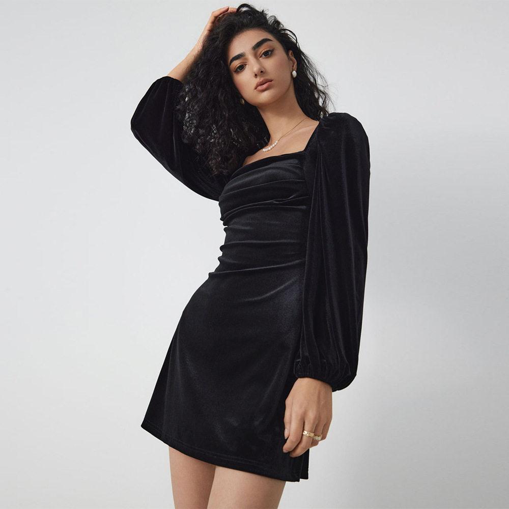 A Line Velvet Dress Slimming Waist Design Long Sleeves Square Neck Autumn Winter Party Wear Wholesale Available