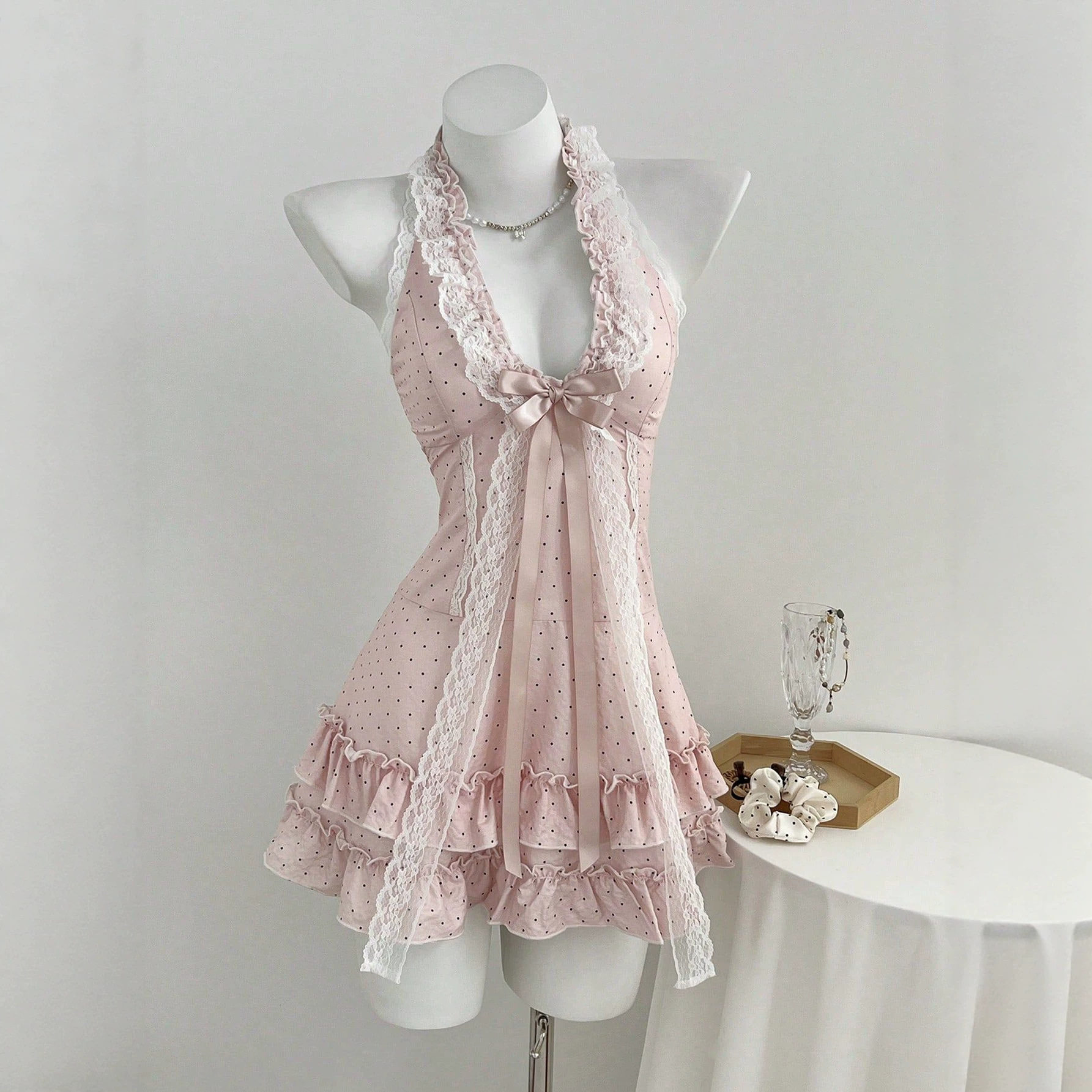 Polka Dot V Neck Cake Dress Bow Tie Neckline Waist Defined Womens Fashion Perfect for Parties and Events Ready to