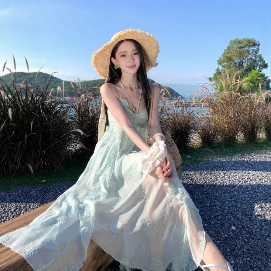 Beach Vacation Style Womens Maxi Dress Stunning Blue Color Floral Embroidery Ruffled Hem Irregular Design Perfect