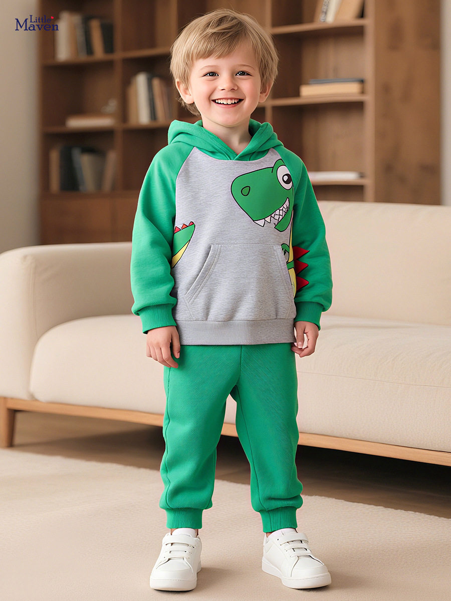 Boys' Cartoon Dinosaur Set, Autumn Fleece-Lined Two-Piece Outfit