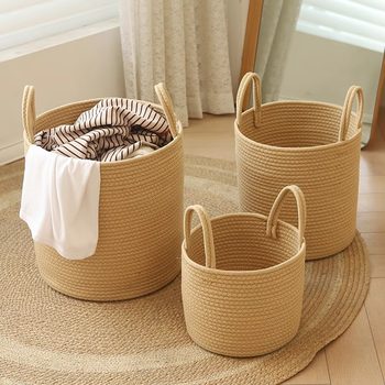 Hand-Woven Cotton Thread Fabric Dirty Clothes Basket with Handle Clothes Storage Basket Plush Toy Storage Bucket Storage Basket