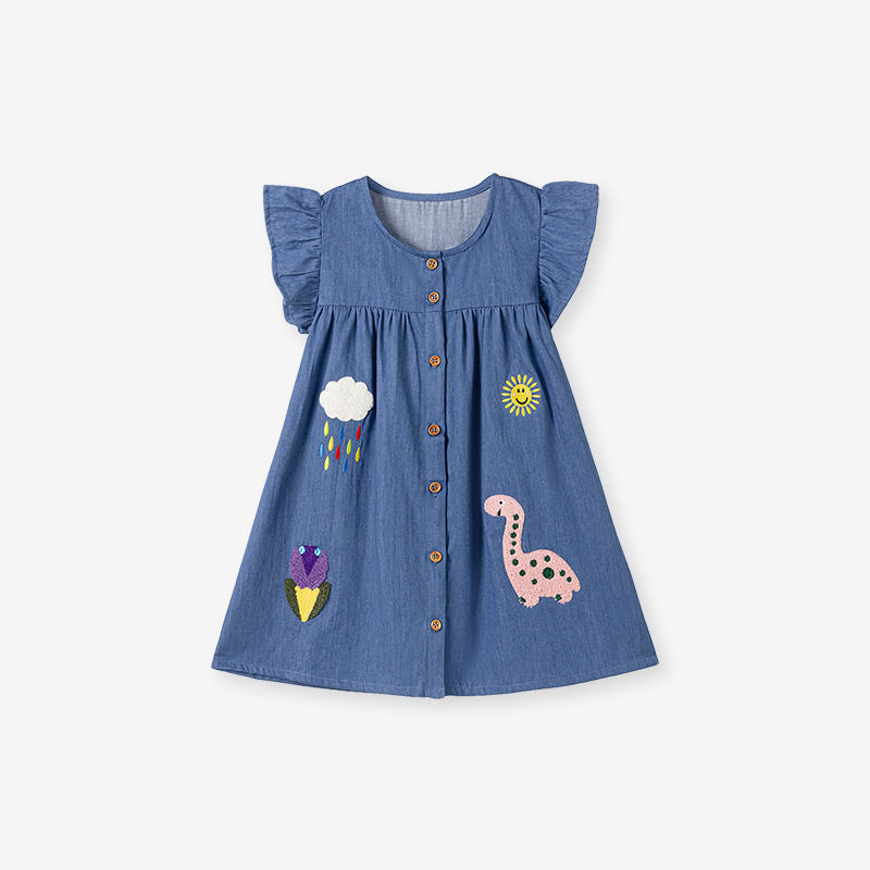 Custom-made Girls' Short-sleeve Denim Skirt, Summer Kids' Skirt, Applique Cartoon Fashion Kids' Dress