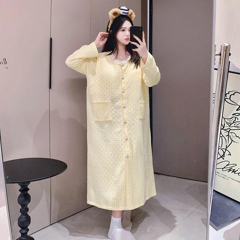 Pregnant Women's Autumn and Winter Air Cotton Nursing Plus Robe Suit Plaid Cardigan for Maternity Warm Sandwich Nursing Robe Maternity Suit