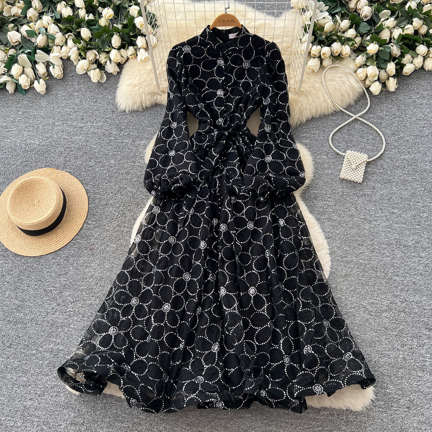 French Romantic Style Lace Dress Stand Collar Lantern Sleeves A Line Silhouette Waist Defining Elegant Evening Wear