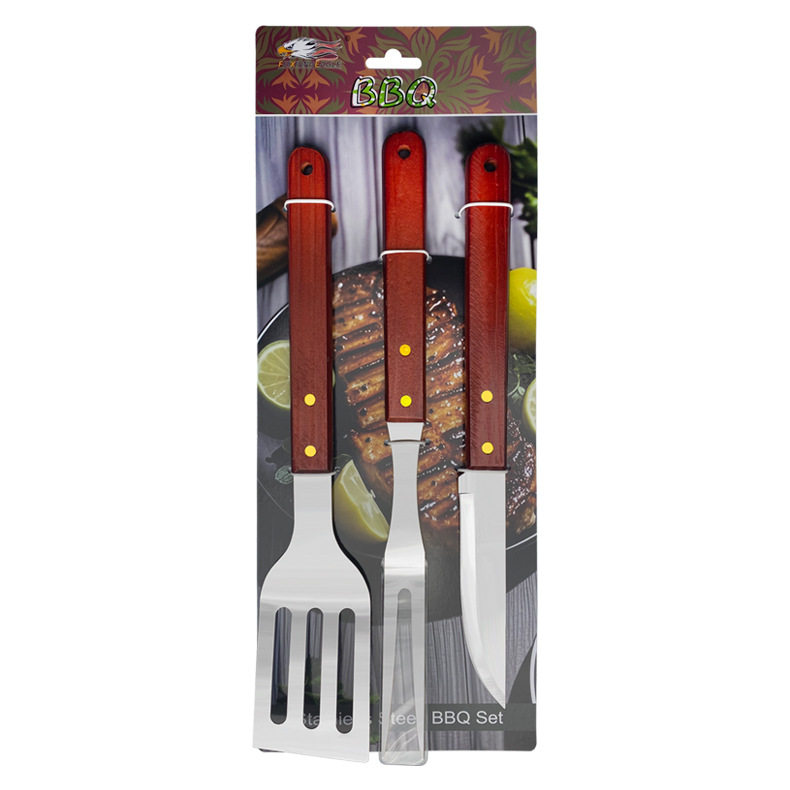 Manufacturer's Ready Stock New Outdoor Camping Barbecue Three-Piece Grill Set Wooden Handle Tied Card Stainless Steel Barbecue Utensil Set