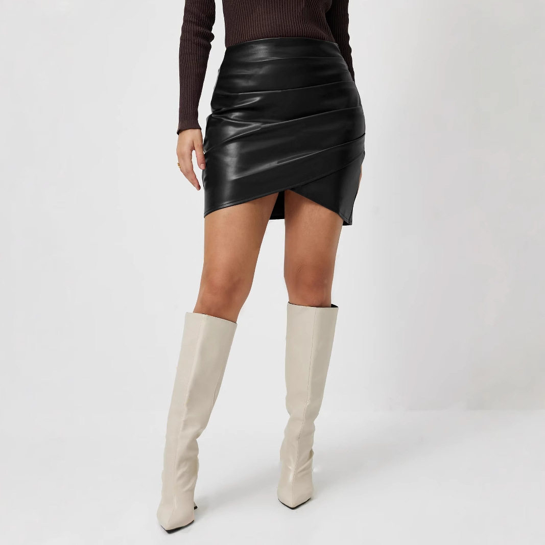 A Line PU Leather Dress Slim Fit Short Length Autumn Winter Style Ready to Ship Low MOQ bulk order