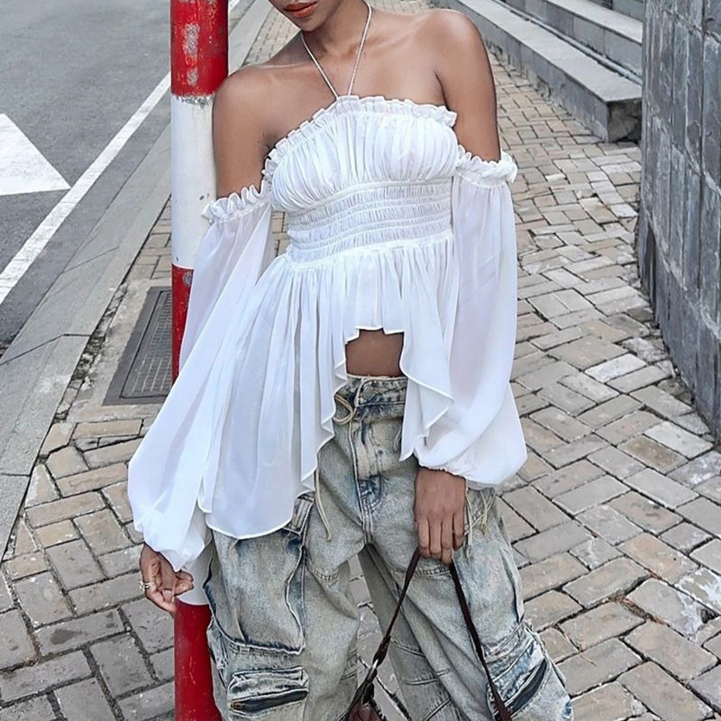 Off Shoulder Ruffled Blouse Slim Fit Lantern Sleeves Wrinkled Fabric Spring Fashion Wholesale Available