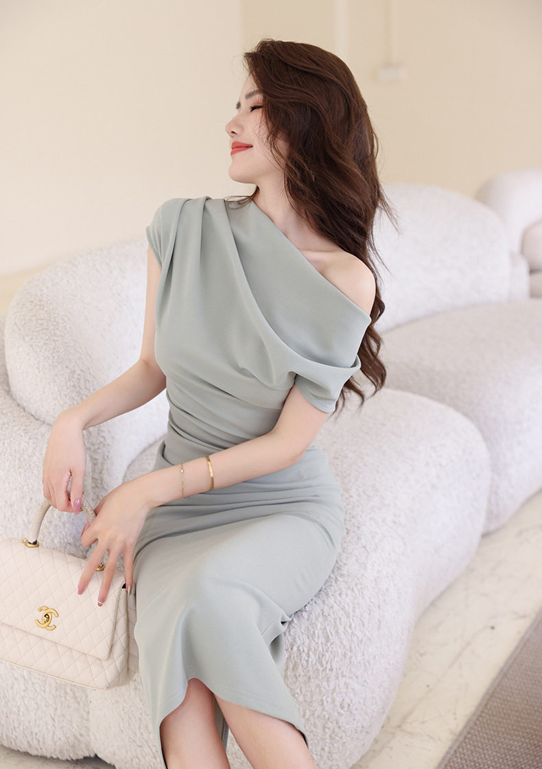 Đầm ôm body nữ dáng dài tay ngắn, cổ chéo, thiết kế eo ôm, phong cách Pháp — [Đen], [Xanh bạc hà], [Màu mơ], [Đỏ rượu vang] chi tiết 35