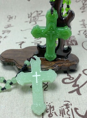 信主十字架玻璃仿玉十字架平安扣仿玉绿项链吊坠挂件毛衣链饰品