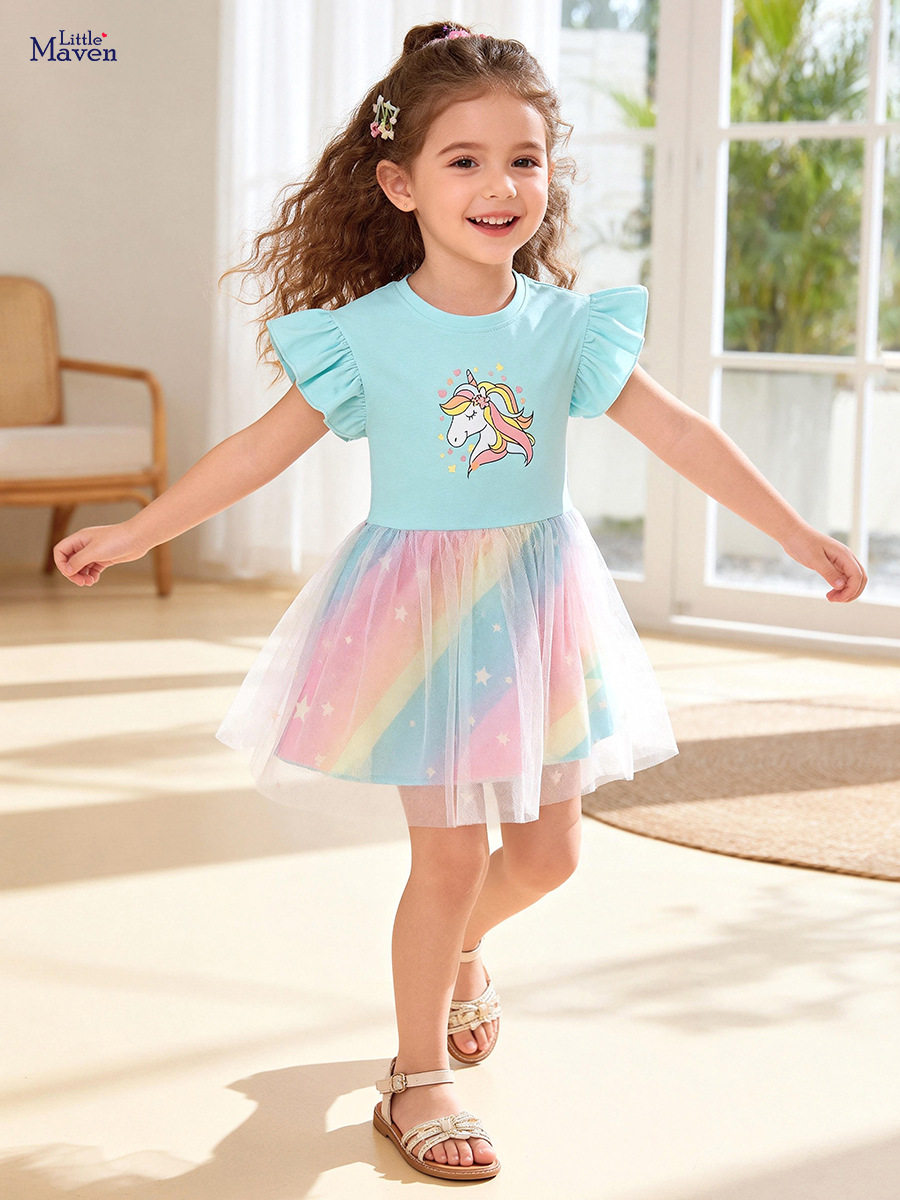 Summer Short-sleeve Girls' Tulle Dress, Cute Cartoon Style Kids' Princess Dress