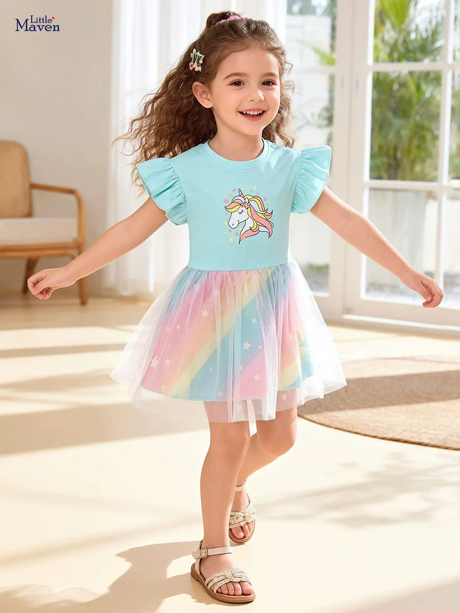 Summer Short-sleeve Girls' Tulle Dress, Cute Cartoon Style Kids' Princess Dress