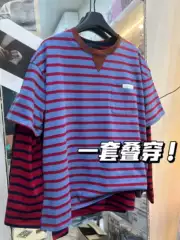 Authentic Version 26 Summer New Product P Brand Red and Blue Striped Pocket Logo Short Sleeve T-Shirt Unisex
