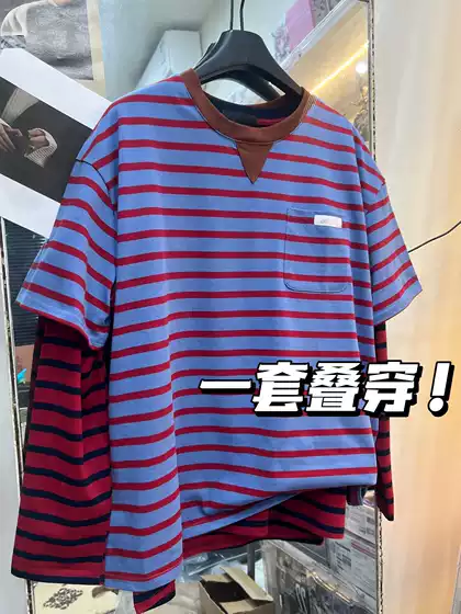 Authentic Version 26 Summer New Product P Brand Red and Blue Striped Pocket Logo Short Sleeve T-Shirt Unisex