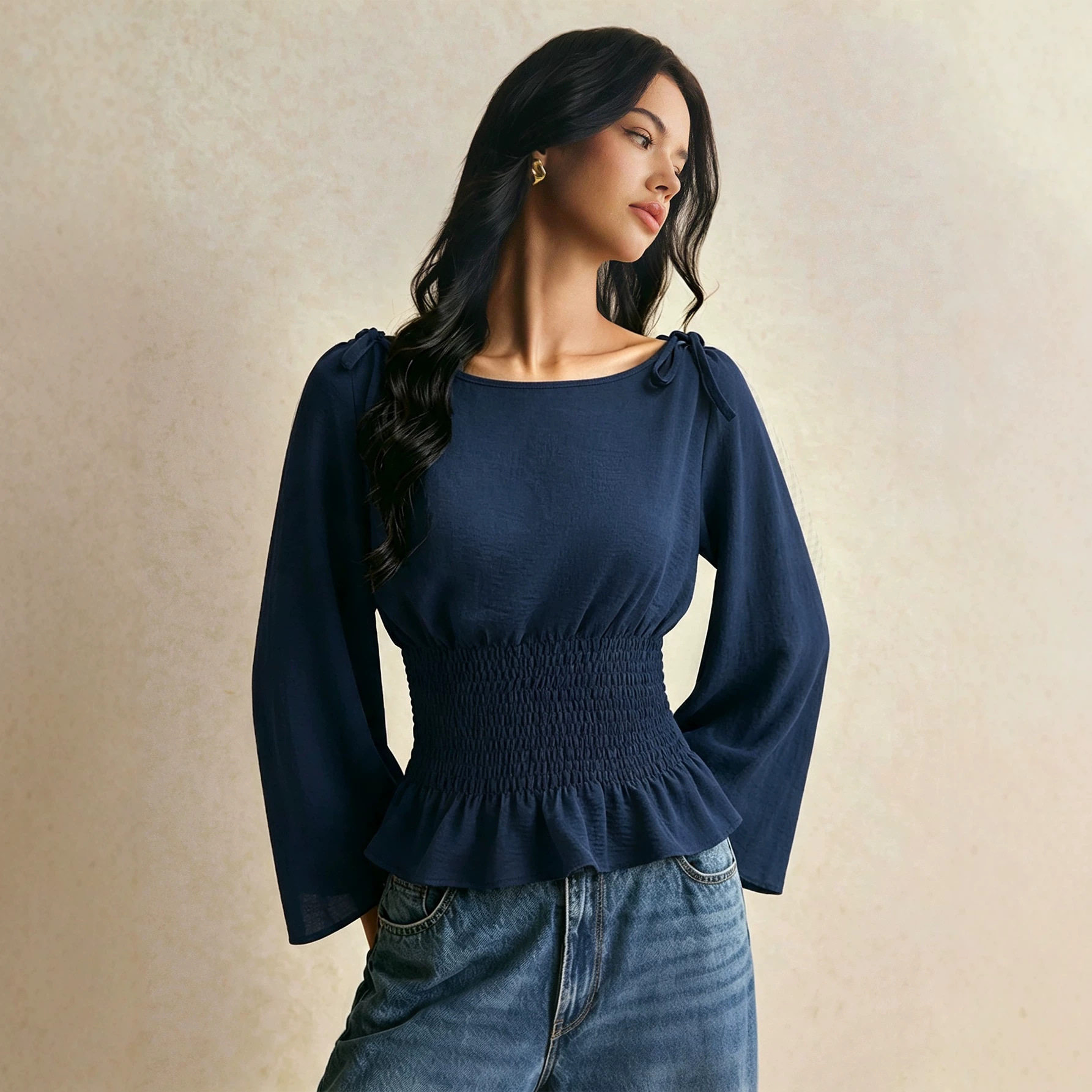 Off Shoulder Tie Front T Shirt Flared Sleeves Ruffled Hem Slim Fit Casual Wear for Women Wholesale Available