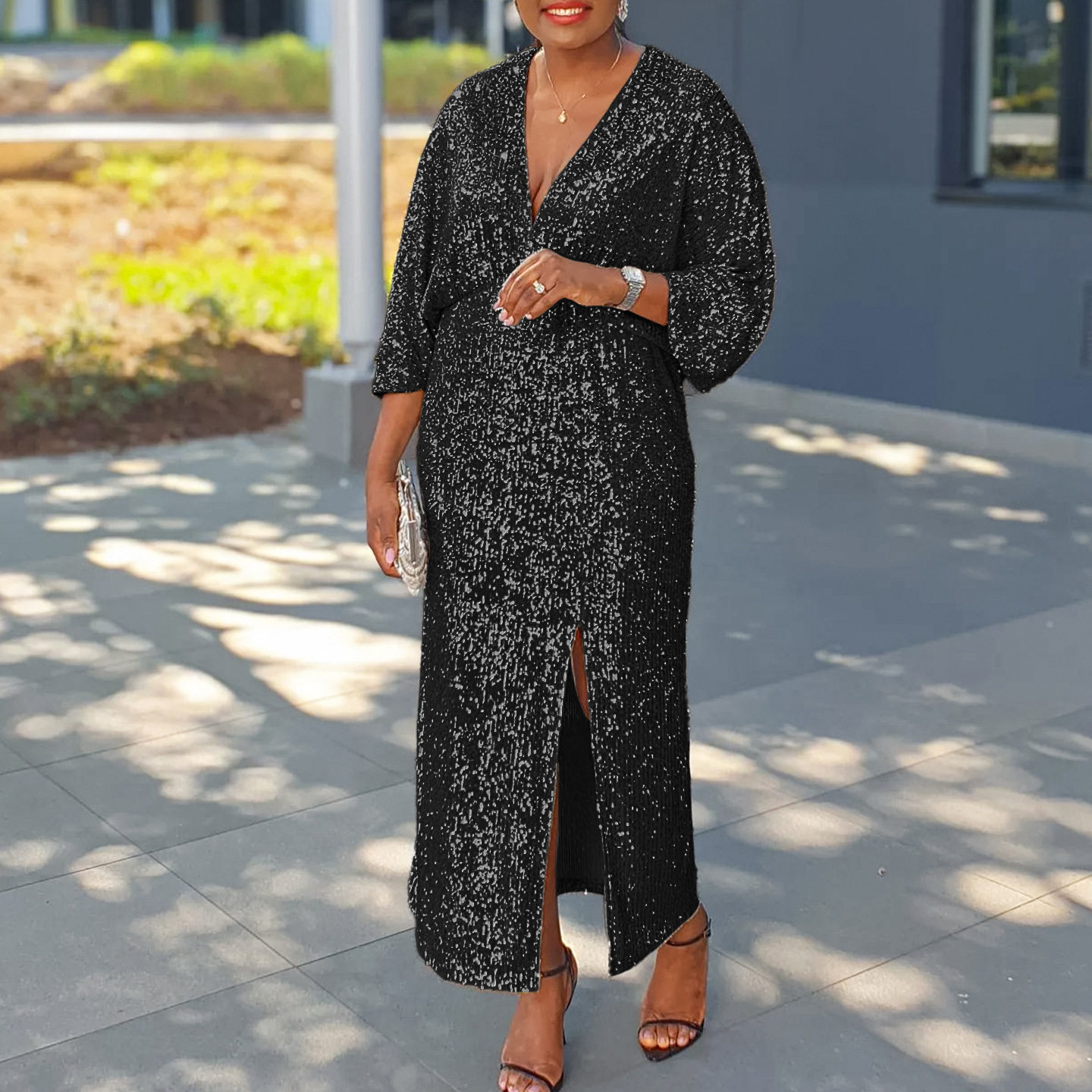 Plus Size Womens Long Dress Loose Fit V Neck Fashionable Sequins Side Slit Autumn Collection Wholesale Available