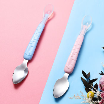 Baby Fruit Double-Headed Mud Scraper 304 Stainless Steel Silicone Soft Spoon Baby Mud Scraper with Storage Box