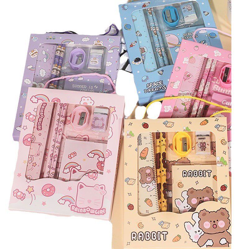 Cartoon Portable 6-Piece Stationery Set for Primary School Students, School Supplies for Kindergarten, School Bag Gift Box, Pencil
