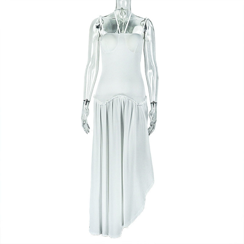 Casual A Line Dress Solid Color Ruched Waist Backless Halter Neck Street Style for Summer Wholesale Available