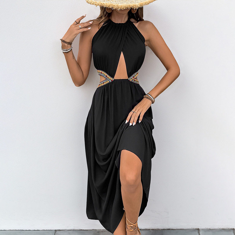 Bohemian Style Hollow Out Maxi Dress Ethnic Pattern Woven Strap Details Elegant Summer Wear Wholesale Available