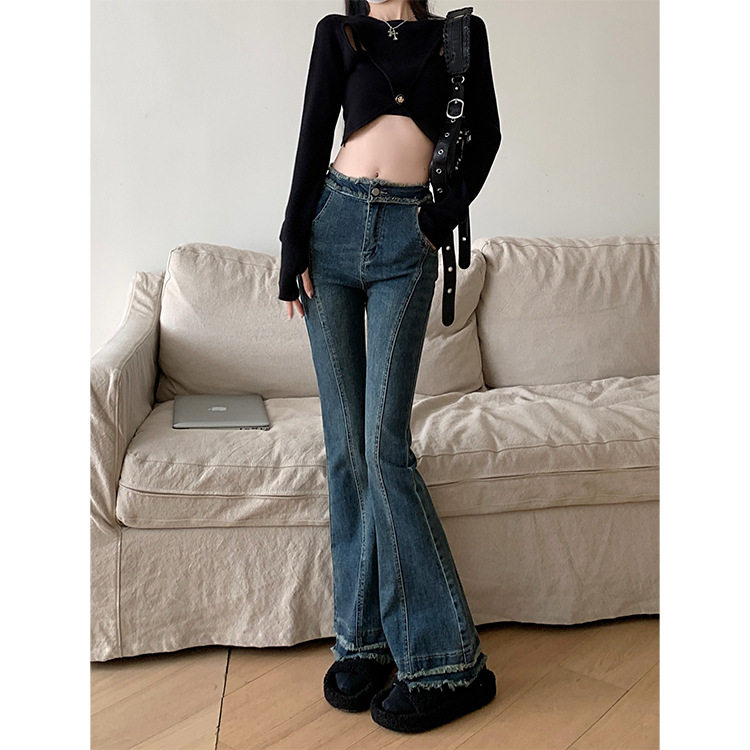 High Waisted Flared Jeans for Women Vintage Style Frayed Hem Slim Fit Spring Collection Wholesale Available