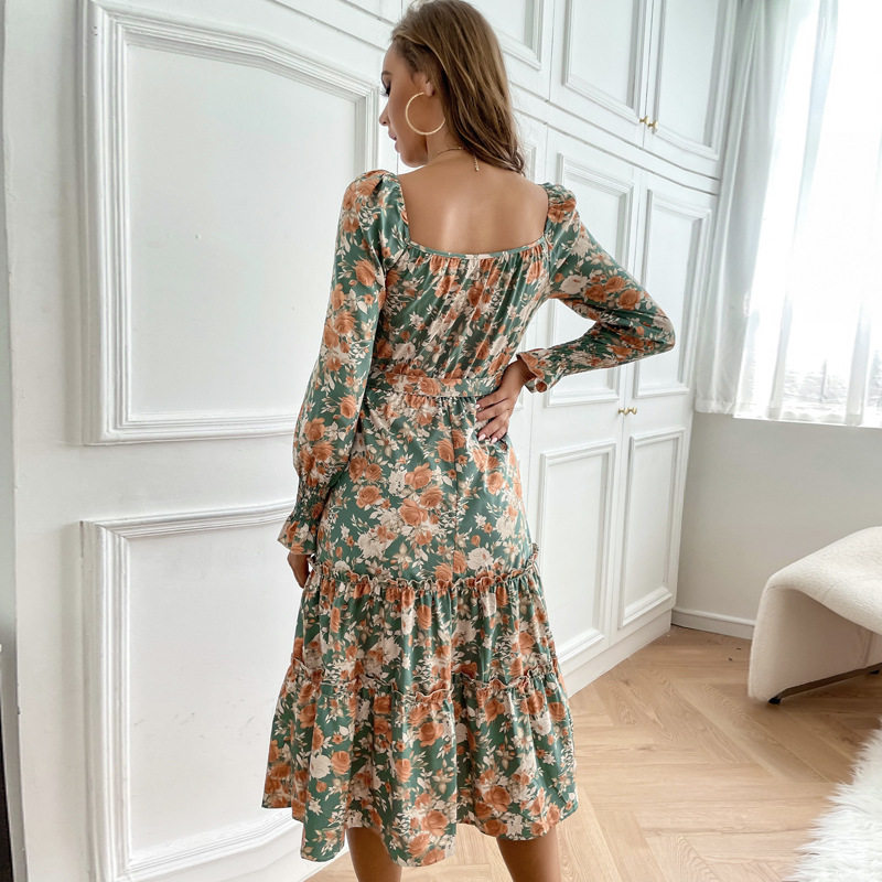 Vintage Floral Print Long Sleeve Dress Slim Fit Ruffled Design Square Neckline Perfect for Spring and Summer Events