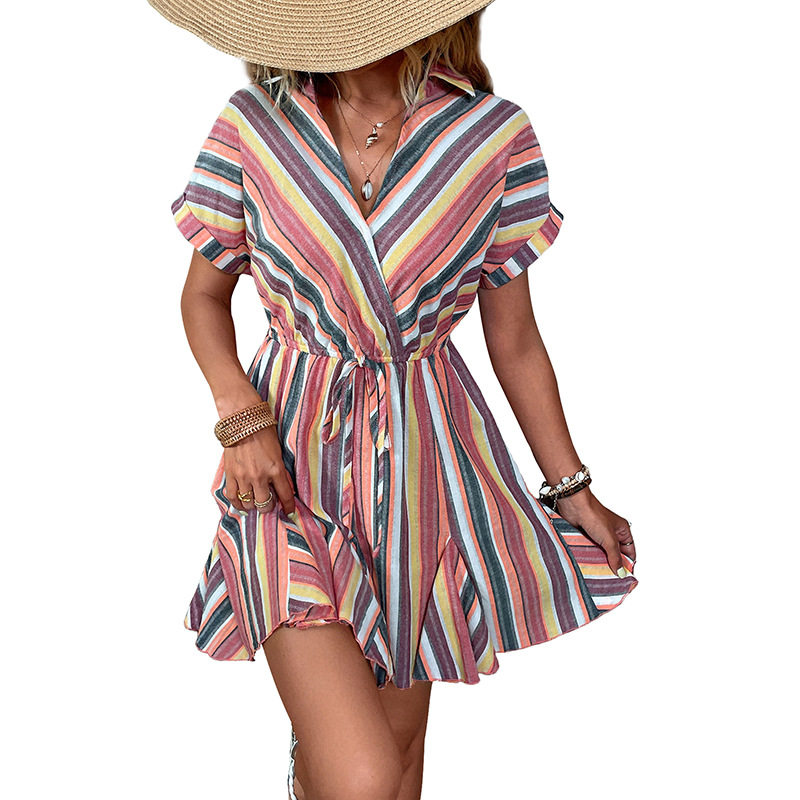 Casual Beach Vacation Dress Colorful Striped Design Shirt Collar Lightweight Fabric Summer Wear Wholesale Available