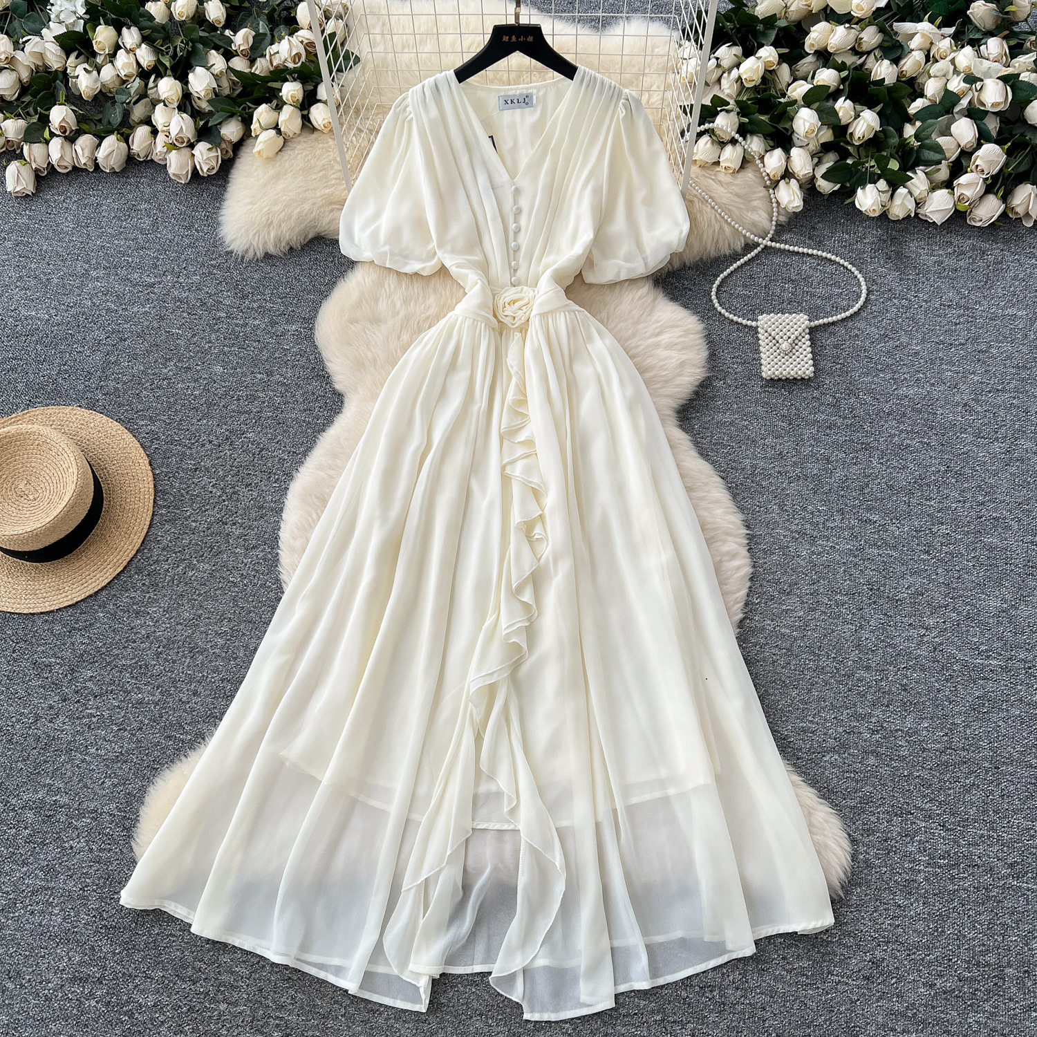French Elegant V Neck Puff Sleeve Floral Waist Defined Ruffle Chiffon Maxi Dress Sophisticated Style for Special Occasions
