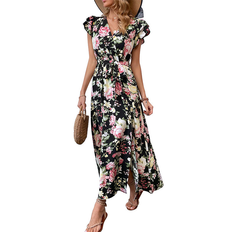 Summer Floral Maxi Dress Mid Length Split Design Lightweight Fabric Beach Vacation Wear Wholesale Available