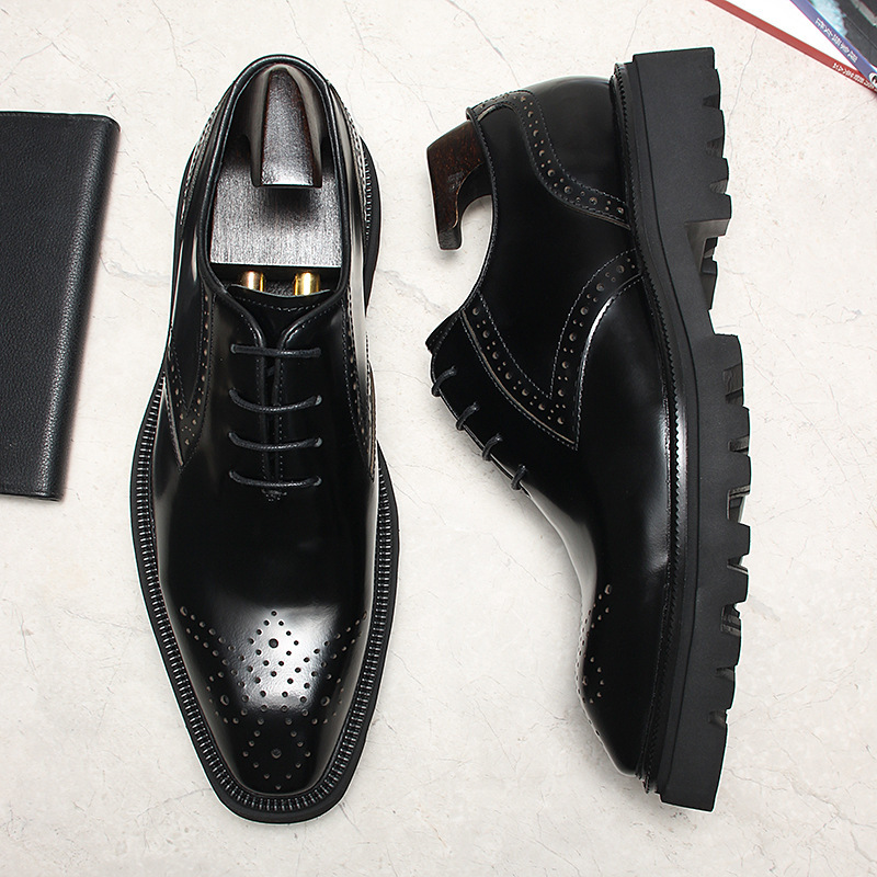 Giày da nam buộc dây đế dày họa tiết brogue mũi vuông — đen, màu