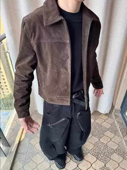 Brown Barn Style Lapel Safari Jacket Men's Autum American Retro Suede Leather Jacket Short Right Shoulder Jacket