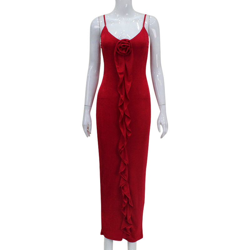 Fashionable Slim Fit Solid Color Ruffled Hem High Waist Maxi Dress for Women Elegant Sleeveless Design Perfect for