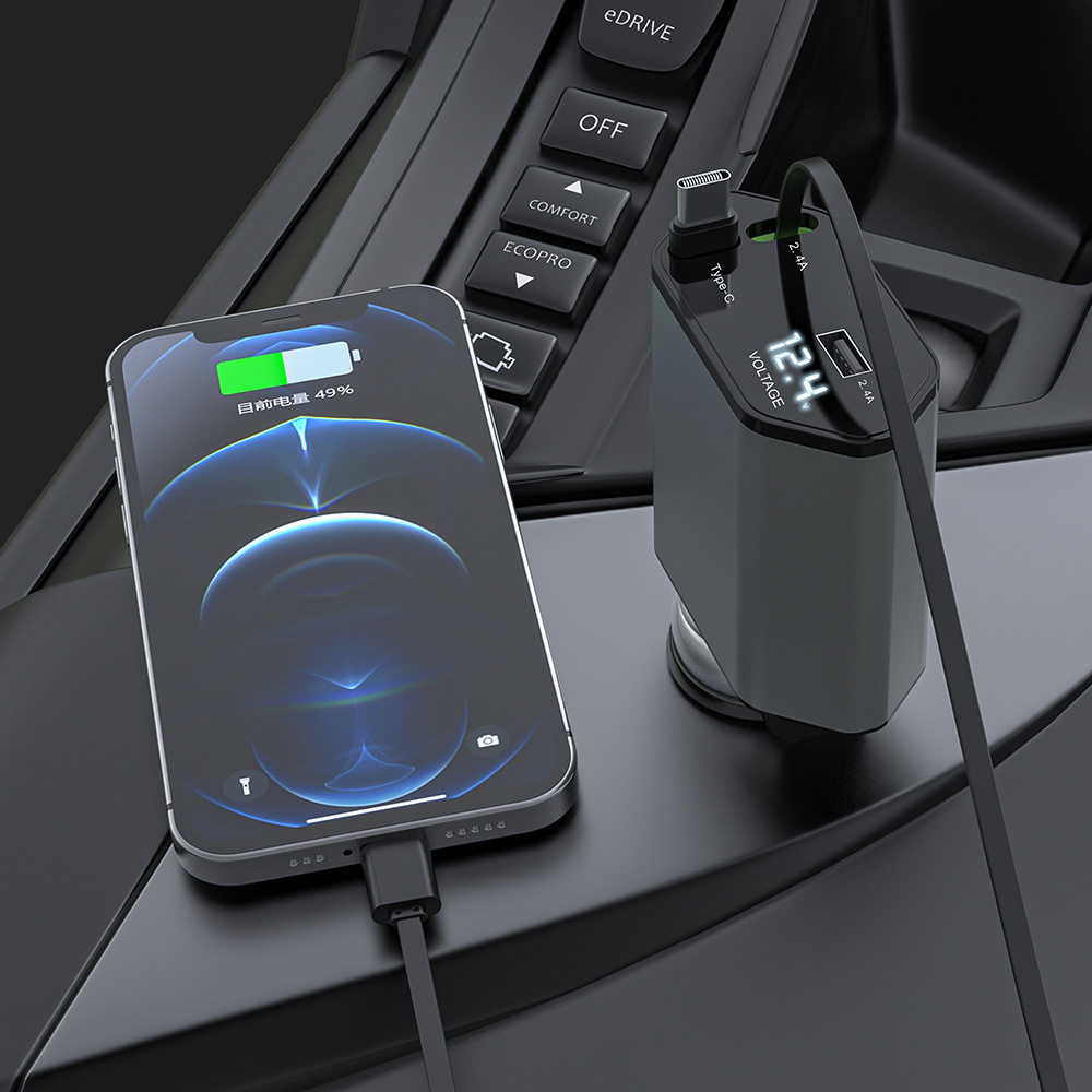 1. Cross-Border Car Charger, Fast Charging, Multi-Function, Digital Display, One-To-Four with Retractable Cable, Car Flash Charging Data Cable