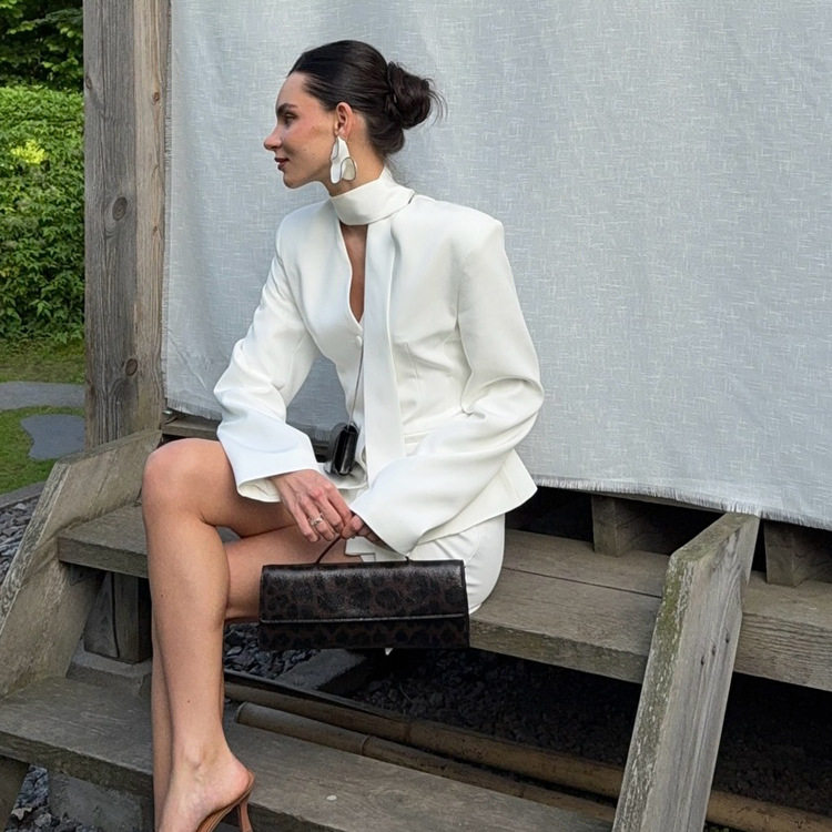 Commuting Fashion Skirt Suit Autum New Style Scarf V Neck Long-Sleeved Waist Suit Jacket Hip-Covering Skirt Two-Piece Set