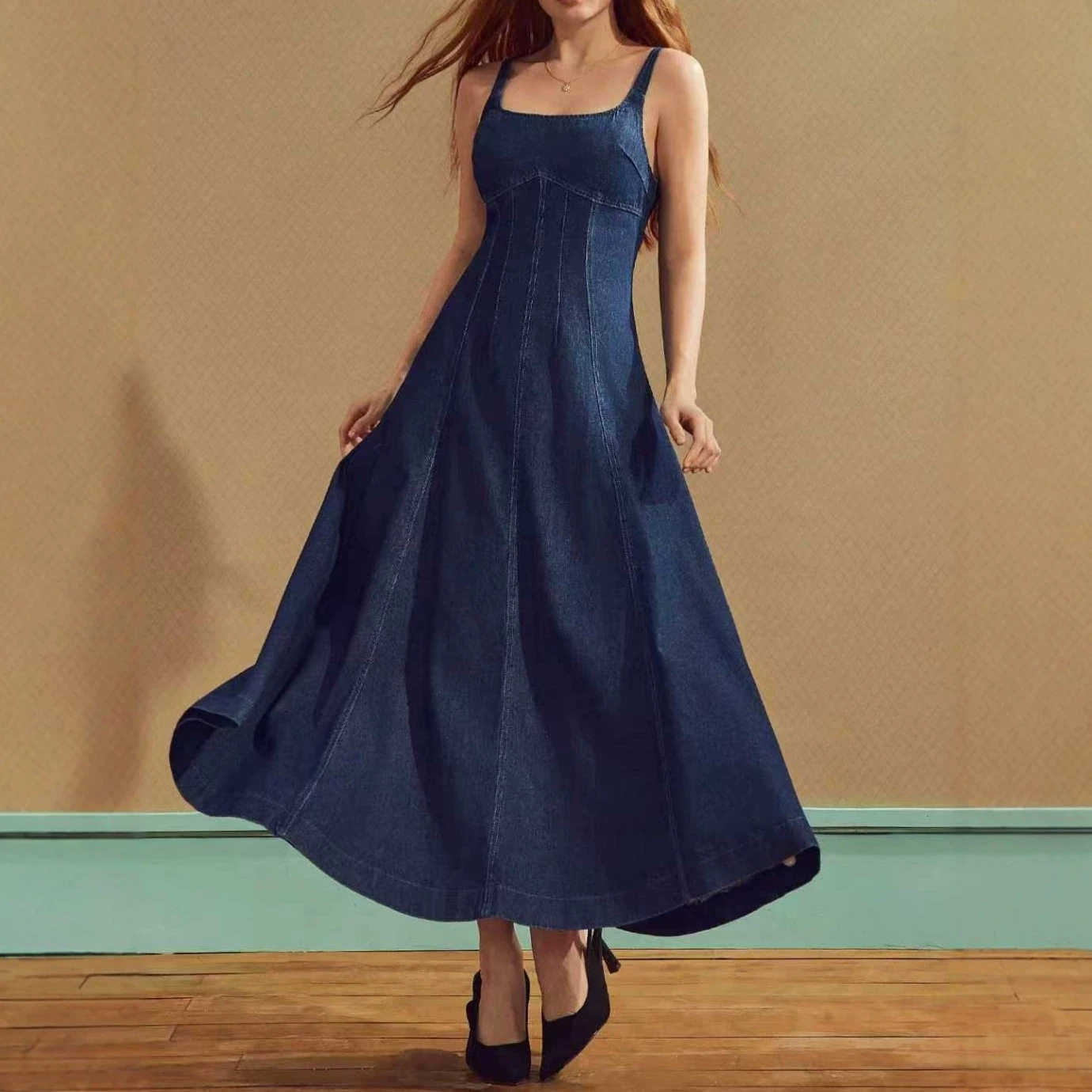 Elegant Casual Summer Denim Maxi Dress for Women Adjustable Straps Comfortable Fit Versatile Style Ready to Ship