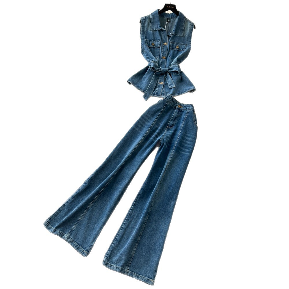 Summer Womens Denim Two Piece Set Sleeveless Slim Fit Top High Waisted Pants Casual Chic Style Wholesale Available