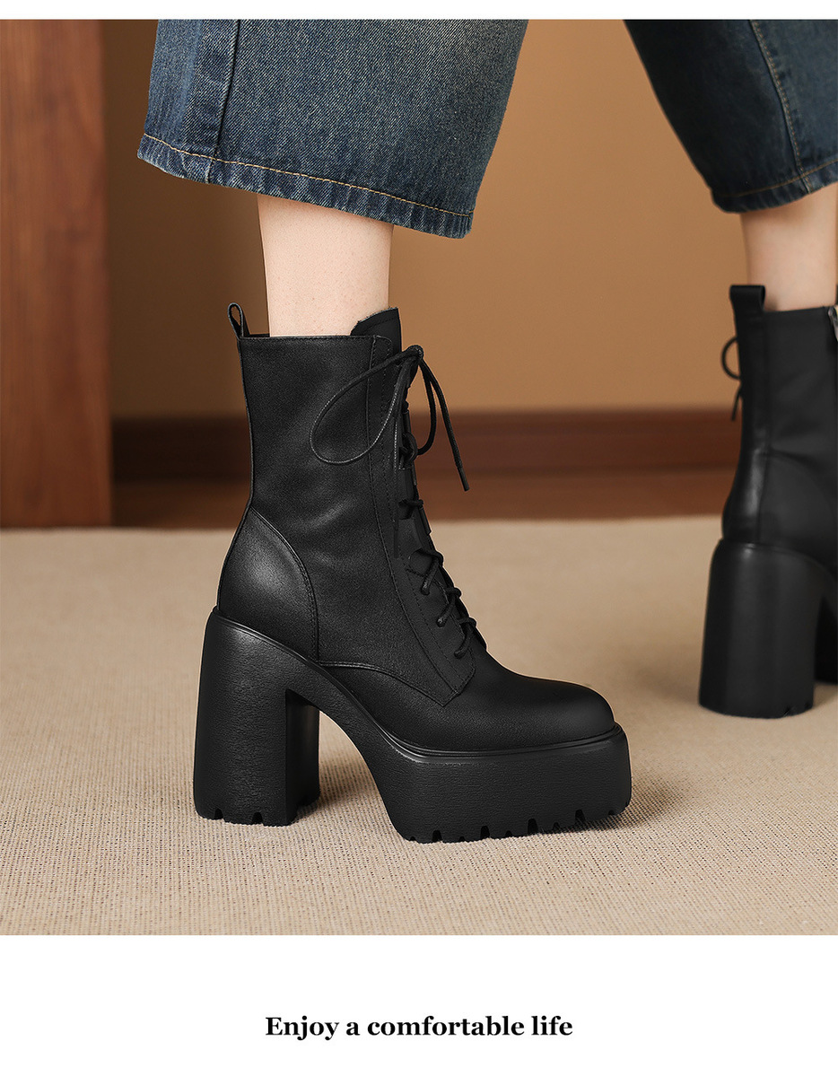 Boot nữ cổ ngắn da bò thật gót thô 12cm phong cách Anh Quốc — Lớp lót đơn màu đen, Lót nhung đen