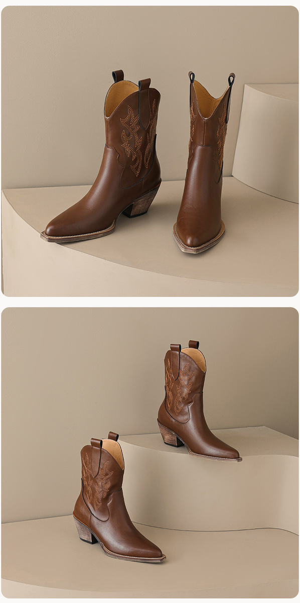 Boot nữ da bò cổ thấp mũi nhọn gót thô phối thêu — Màu be lót nhung bên trong, Màu be một lớp lót trong, Màu đen lót một lớp, Màu đen lót nhung
