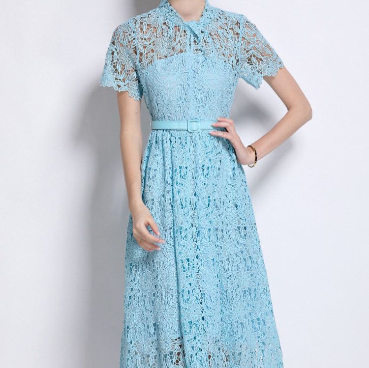 French Style Elegant Hollow Lace A Line Dress High End Lightweight Waist Defined Summer Fashion Wholesale Available