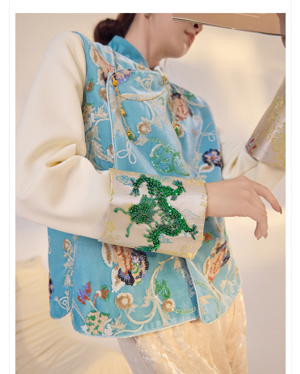 Áo vest nữ dáng ngắn thêu hoa chất liệu satin phối sequin — Màu xanh da trời (giao hàng trong 7 ngày), Màu xanh da trời (phát hành cùng ngày)