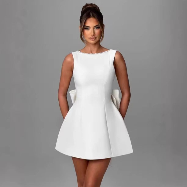 Summer Womens A Line Dress Pearl Bow Detail Slim Fit Backless Design Stylish Casual Wear for Parties Wholesale