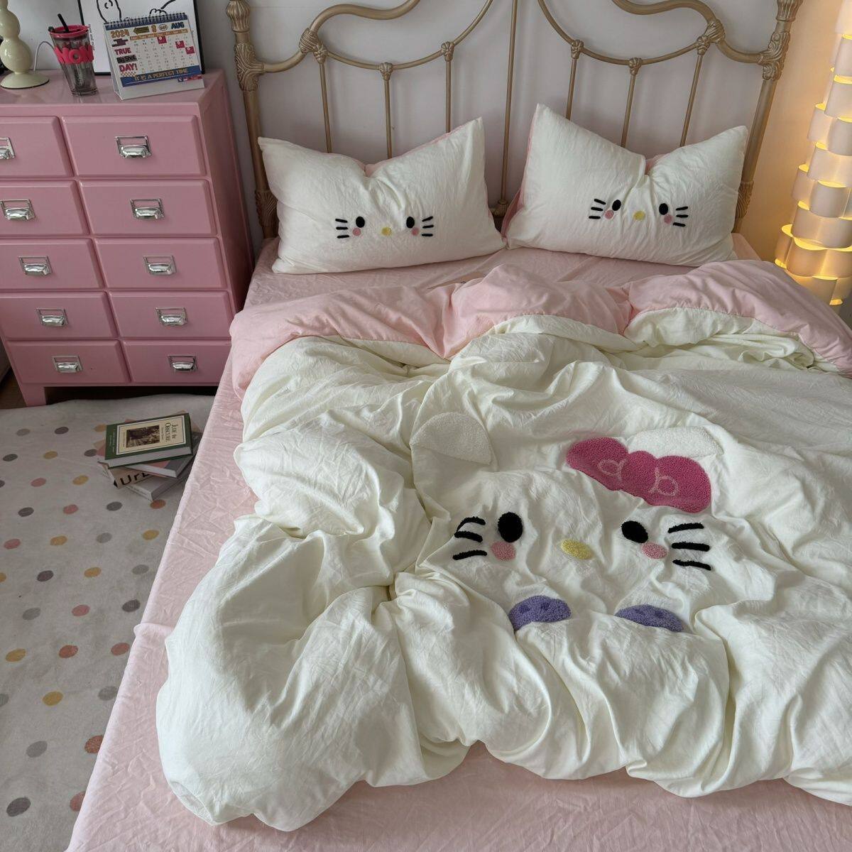 New Cute Towel Embroidered Four-Piece Set Washed Cotton Quilt Cover Girl Student Dormitory Bed Three-Piece Set Factory Direct Sale