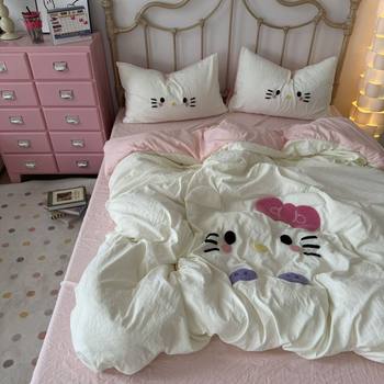 New Cute Towel Embroidered Four-Piece Set Washed Cotton Quilt Cover Girl Student Dormitory Bed Three-Piece Set Factory Direct Sale