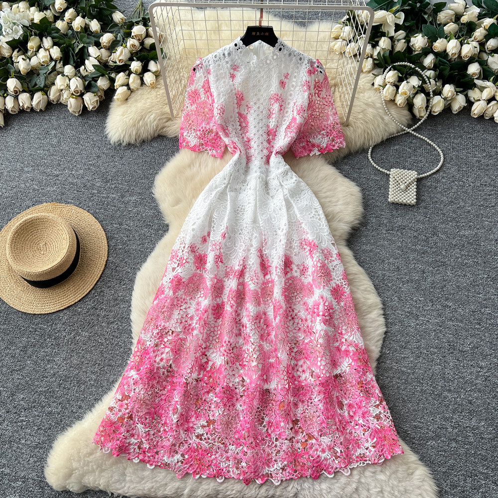French Vintage Elegant Lace Dress High Quality Hollow Out Slim Fit Long Length Perfect for Formal Events Wholesale