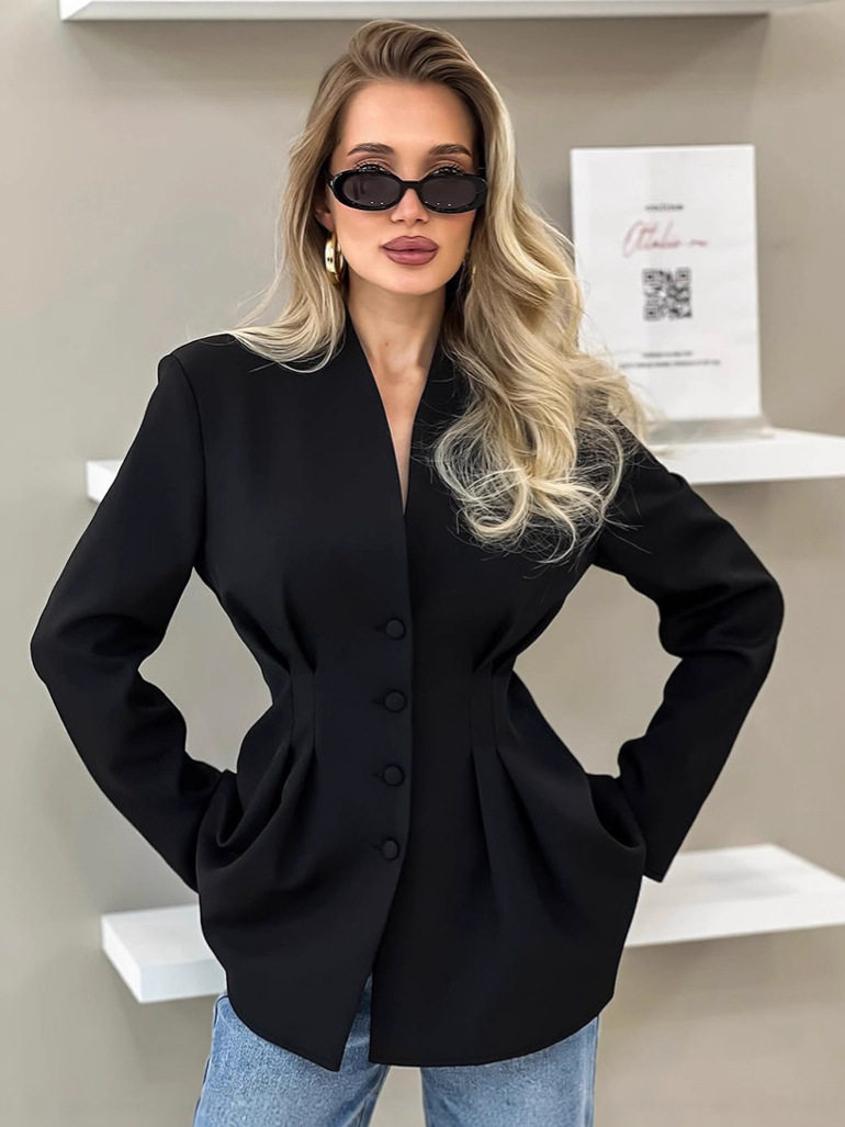 temperament, elegant, slim waist, V-neck design, commuter suit jacket for women